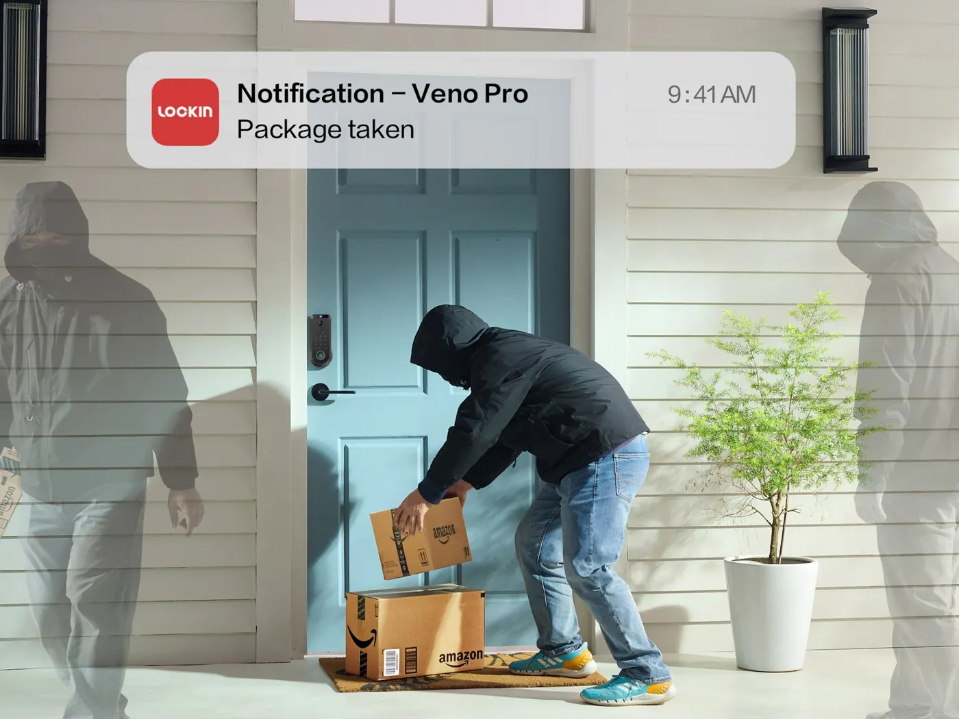 Lockin V7 MAX package camera alert showing a parcel at the doorstep