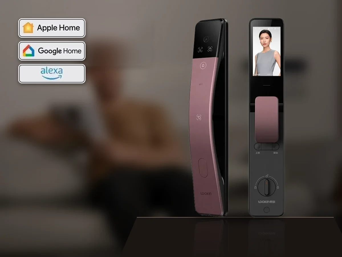 Lockin S6 MAX front and interior units in a living room, with Apple Home, Google Home and Alexa logos