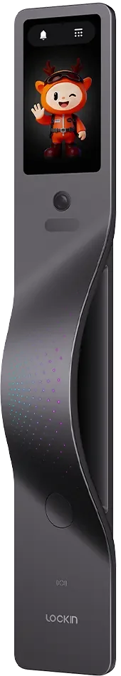 Lockin V7 MAX scanning a woman's face, charged by a light beam from its AuraCharge indoor unit