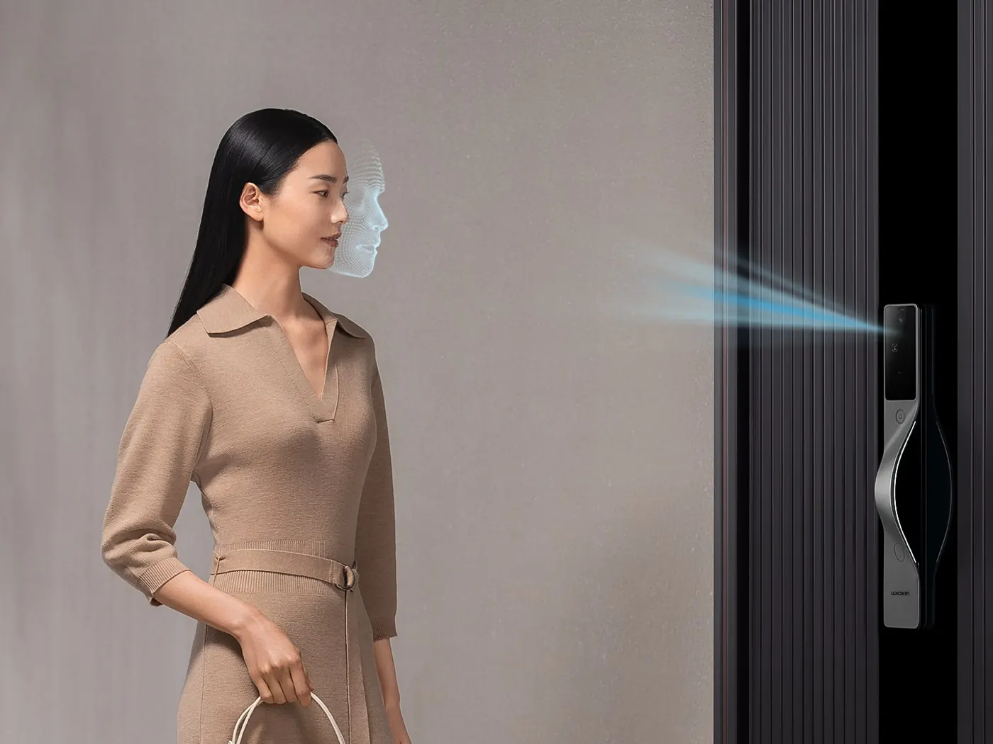 Woman unlocking a Lockin lock with 3D face recognition
